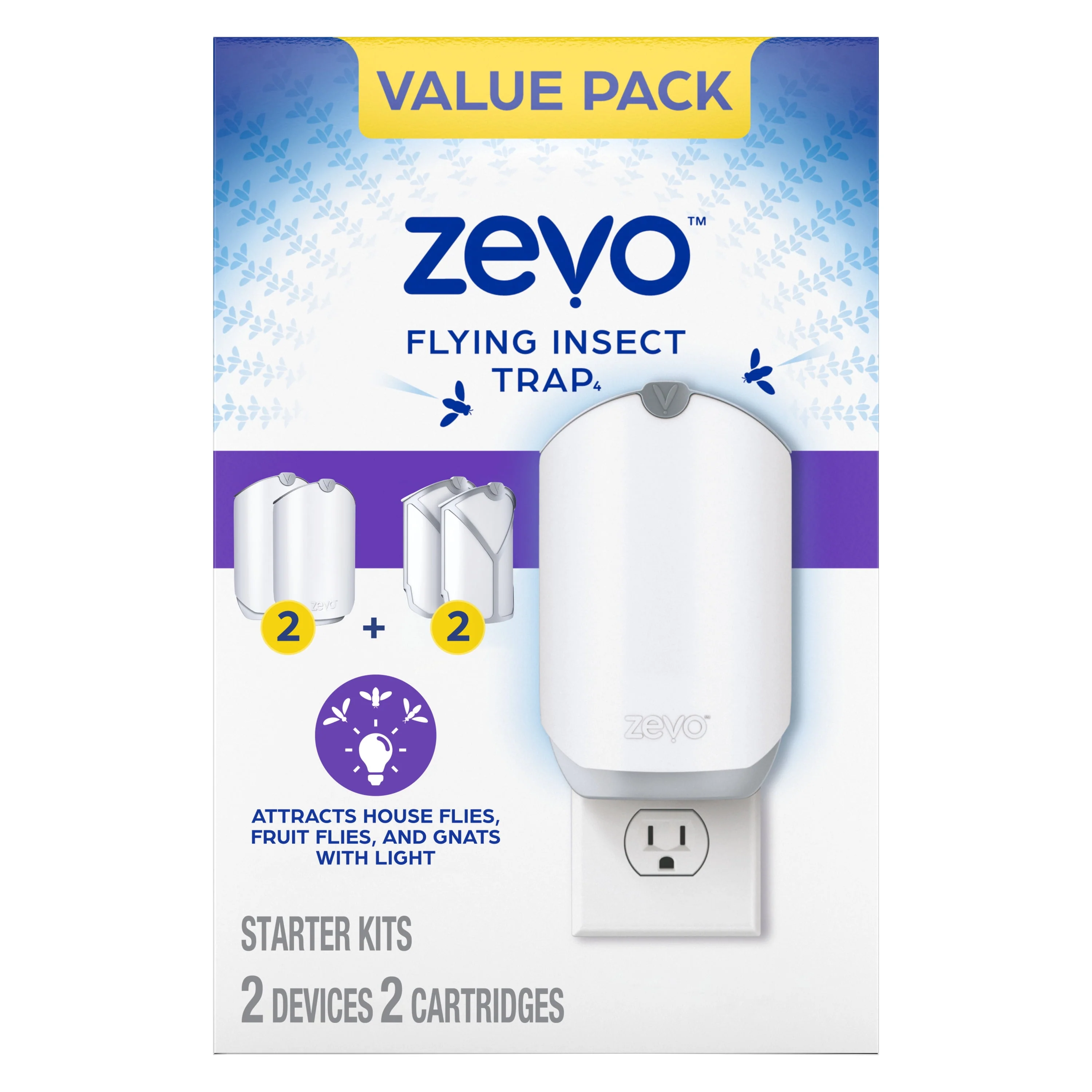 Zevo Flying Insect Trap, Indoor Fly Trap - 2 Devices + 2 Refills (Value Pack)