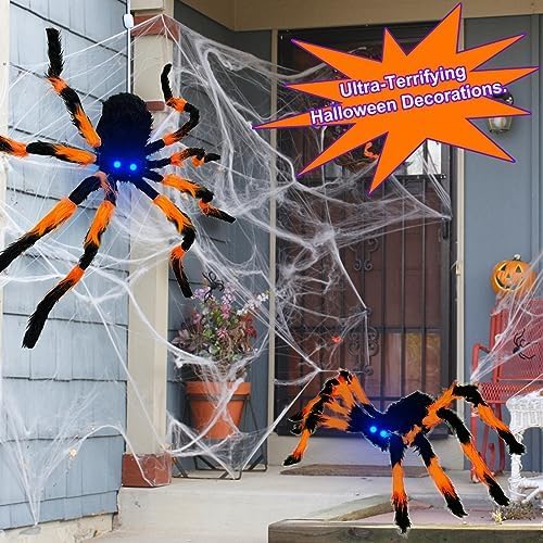 [Up And Down Automatically Sound Activated ] 31 Gaint Spider Animatronic Halloween Outdoor Decorations Light Up Blue Eyes Creepy Sound Lifelike Spider For Front Yard Lawn Garden Indoor Decor