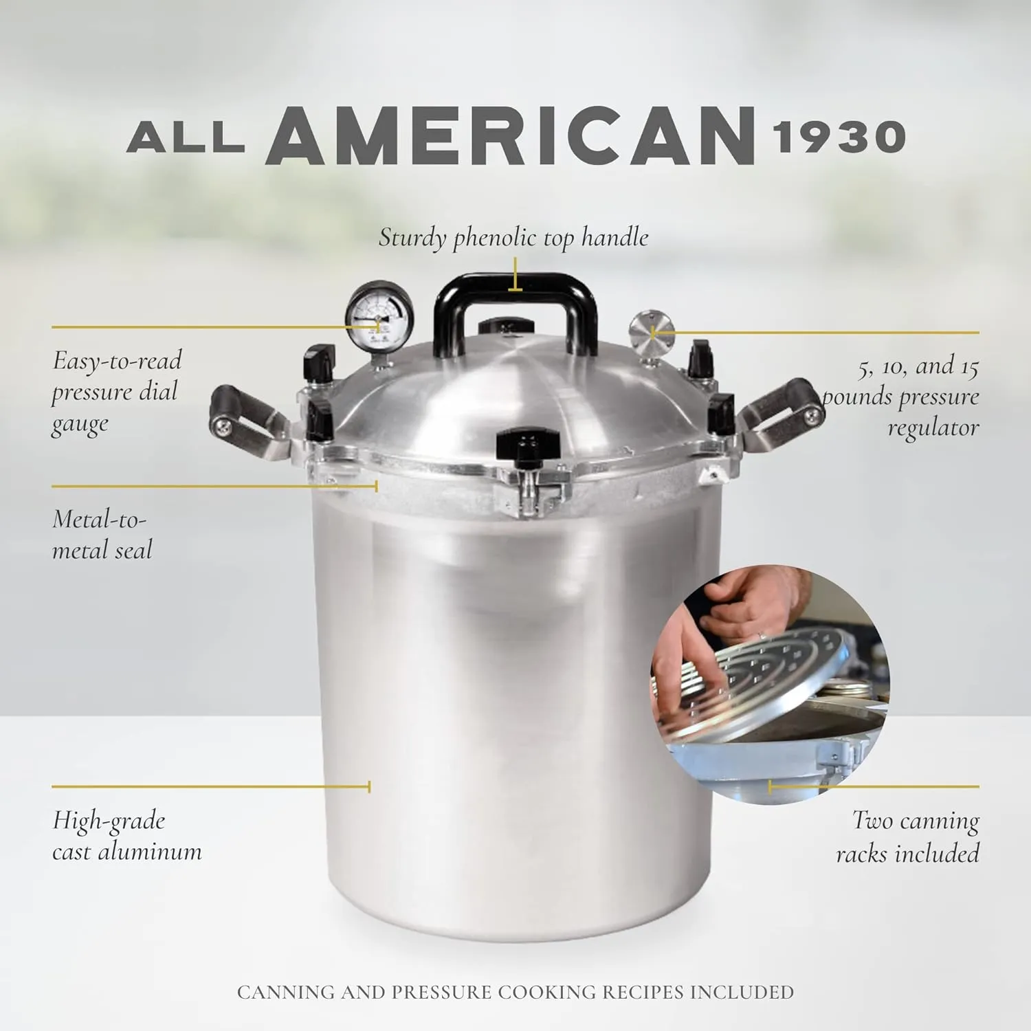 All American 1930 21.5qt Pressure Cooker & Canner, Aluminum, Metal-to-Metal Seal, Gas & Electric Compatible, Made in USA