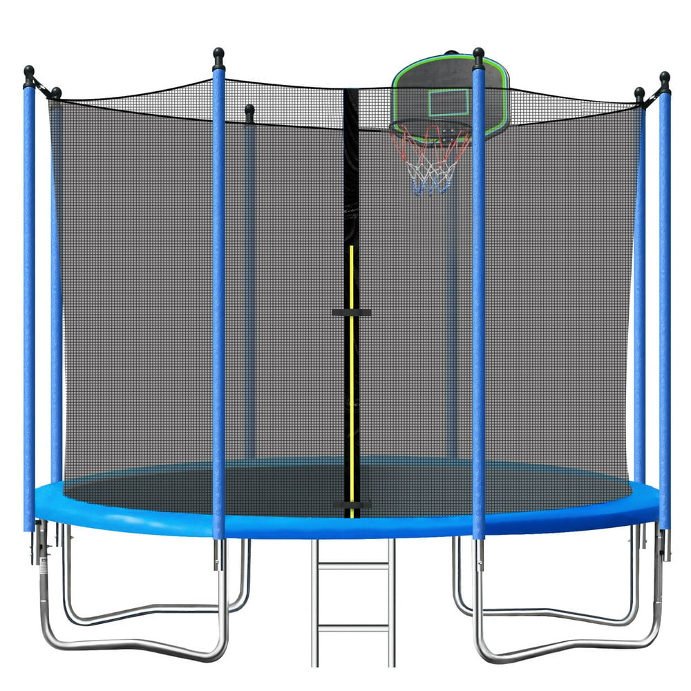 SEGMART 10Ft Kids Trampoline with Enclosure, Ladder & Basketball Hoop – Blue, Weather-Resistant Steel