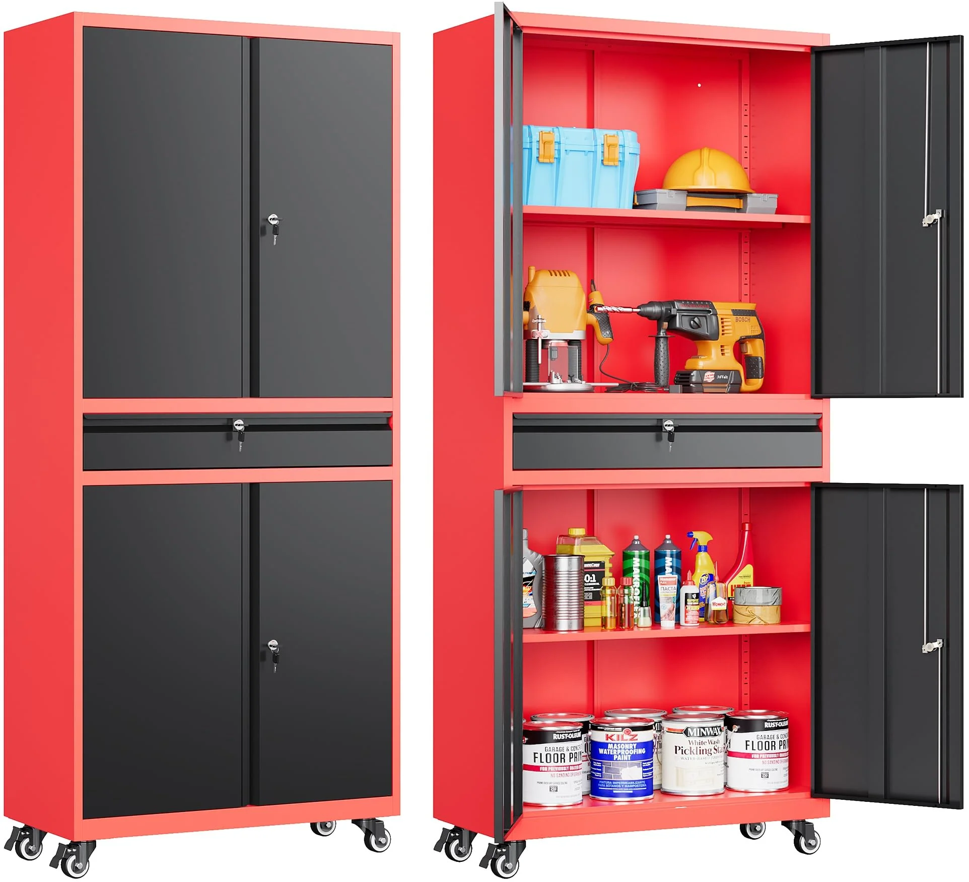 Metal Storage Cabinet with Wheels and Drawer,Rolling Garage Storage Cabinet with Lock,Black Red Metal Cabinet with Wheels,73