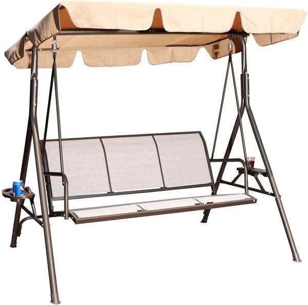 3 Person Patio Swing Seat with Adjustable Canopy, All Weather Resistant Hammock Swinging Chair Bench for Patio, Garden, Poolside, Balcony (Taupe)