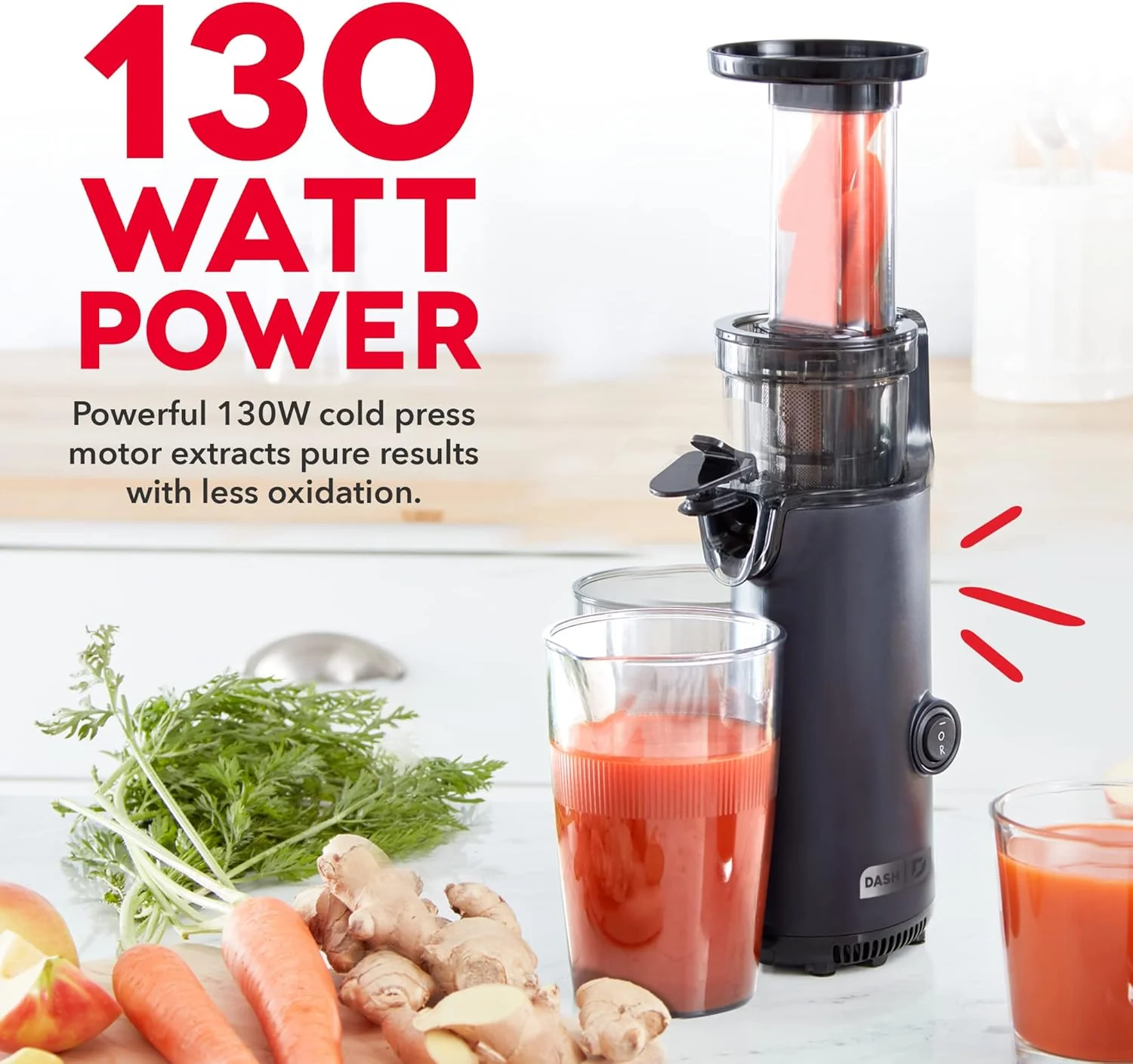 DASH Deluxe Compact Masticating Slow Juicer, Easy to Clean Cold Press Juicer with Brush, Pulp Measuring Cup, Frozen Attachment and Juice Recipe Guide - Black