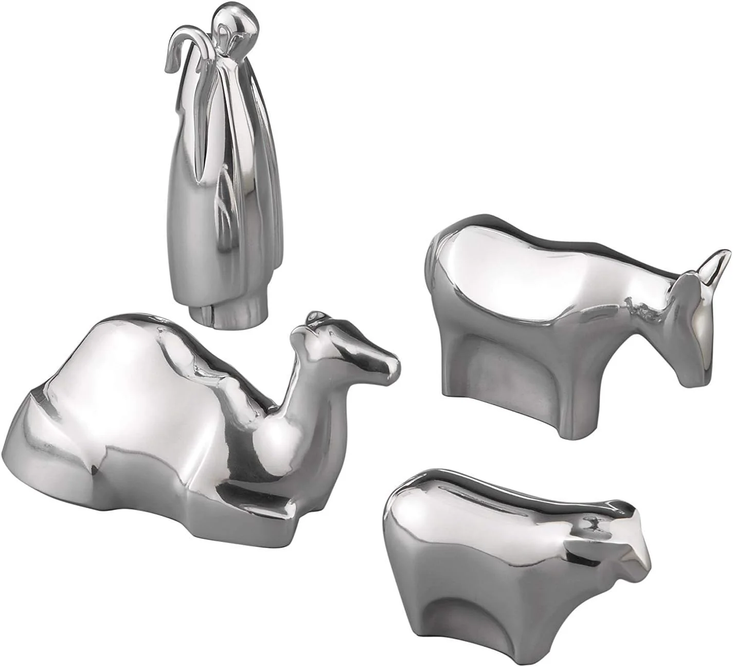 Nambe 4-Piece Nativity Figurine Set - Shepherd & Animals Holiday Figurines for Christmas Home Decor - Lustrous Alloy Elegant Display with Camel, Donkey, Lamb - Holiday Collectible Figurines