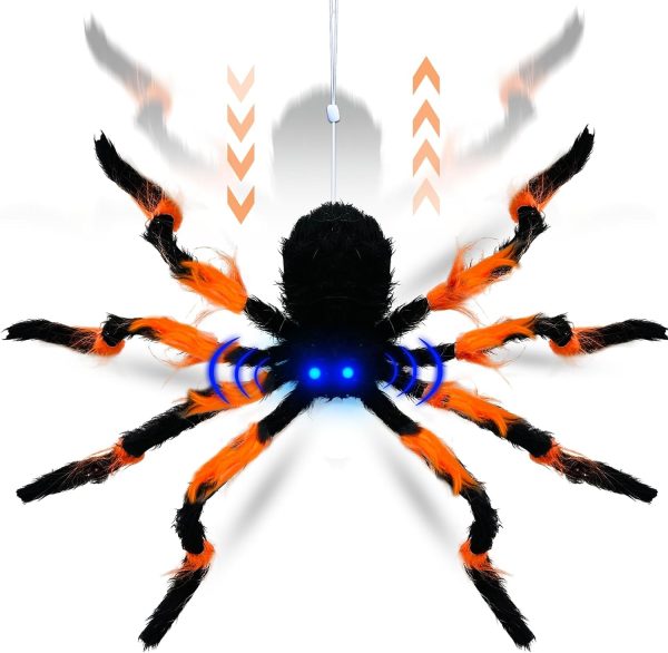[Up And Down Automatically Sound Activated ] 31 Gaint Spider Animatronic Halloween Outdoor Decorations Light Up Blue Eyes Creepy Sound Lifelike Spider For Front Yard Lawn Garden Indoor Decor