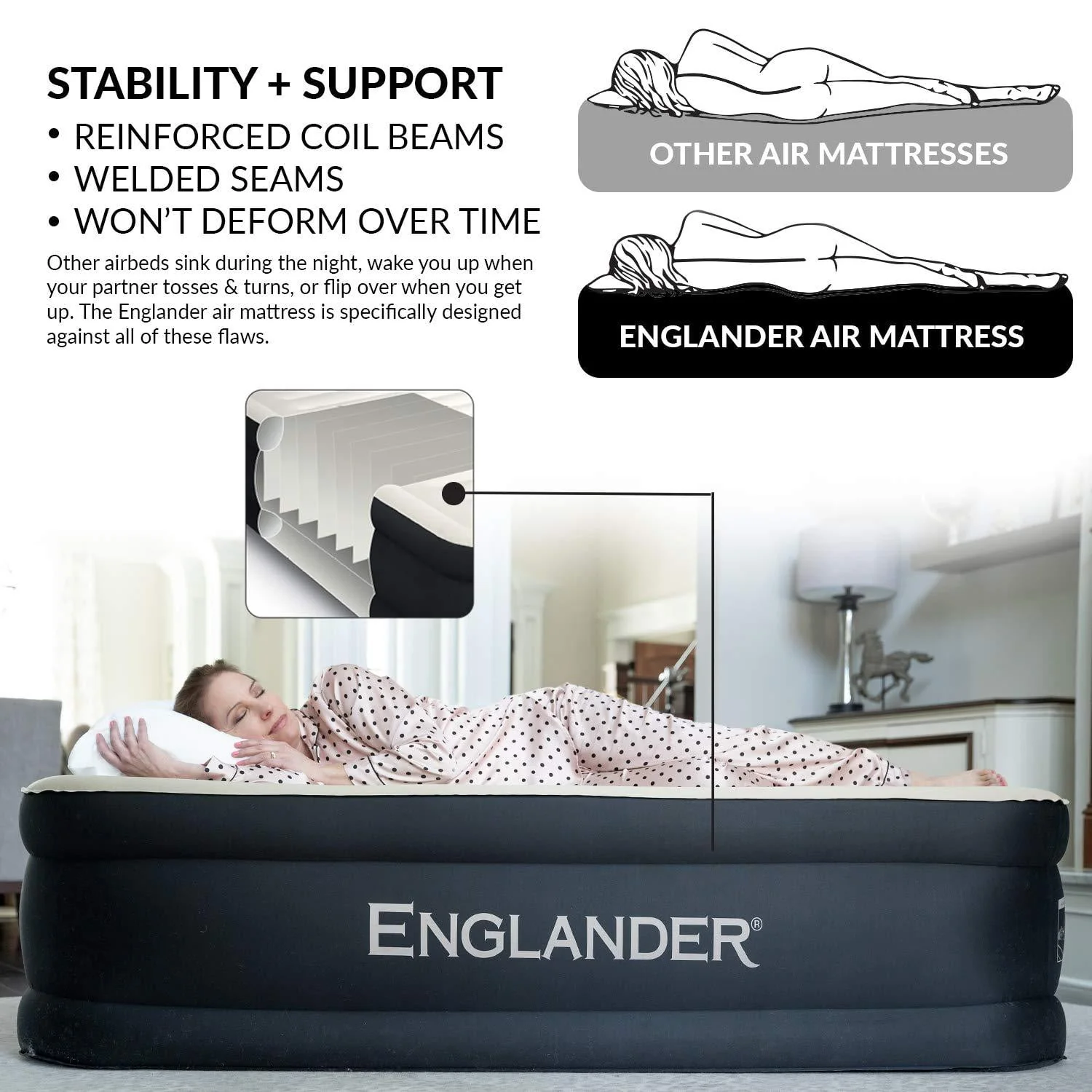 Englander Air Mattress w/ Built in Pump - Luxury Double High Inflatable Bed for Home, Travel & Camping, Queen, Black