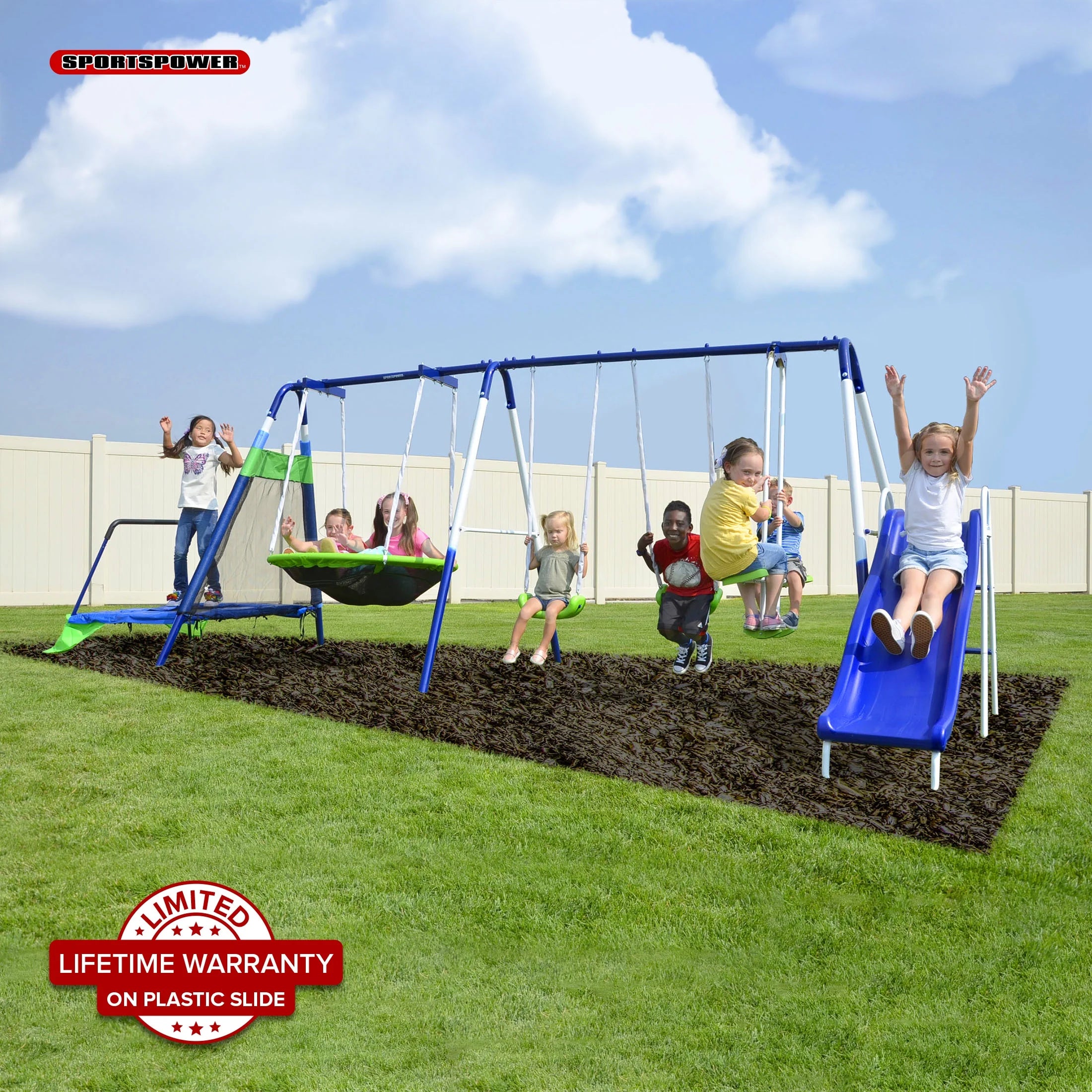 Sportspower Mountain View Metal Swing Set with Glide Ride, Saucer, Trampoline, and Lifetime Warranty on Blow Molded Slide
