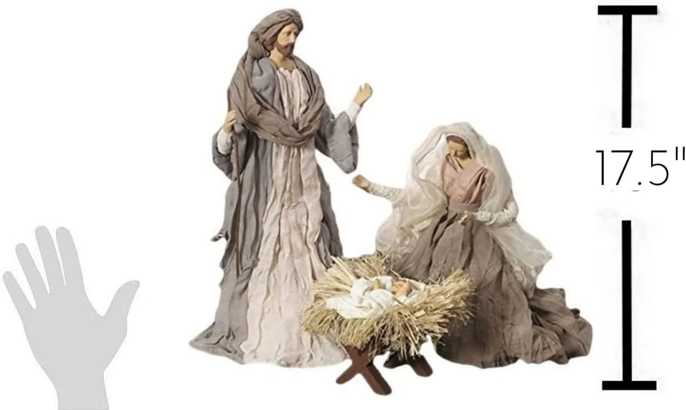 Large Holy Family Christmas Nativity Set, 3 Pieces, 17.5 Inch Tall, Fabric & Resin