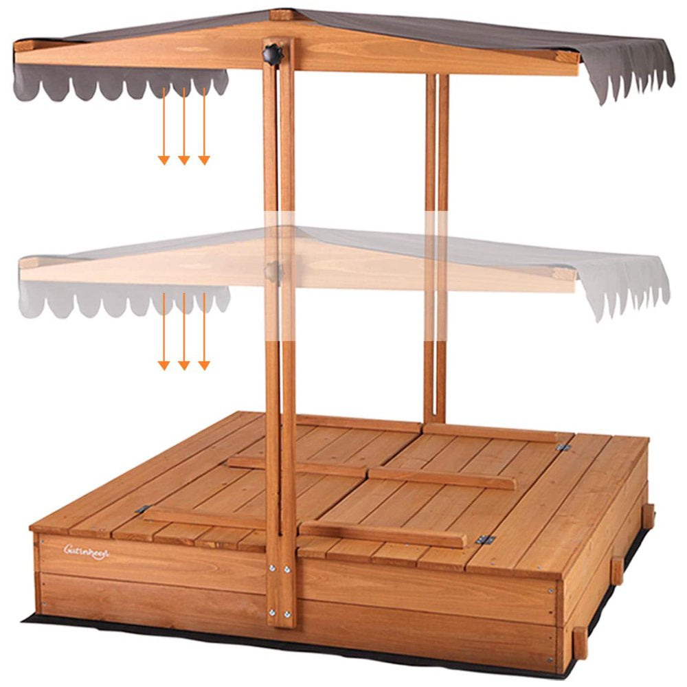 Morgete Outdoor Sandbox with Lid & Bench, Retractable Canopy, Foldable Design, 47′′ Large Play Area for Kids