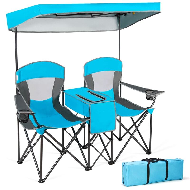 OutdoorMaster Double Camping Chair with Detachable Sunshade Canopy, Portable Folding Design, Cup Holders, and Storage Bag for Beach & Backyard