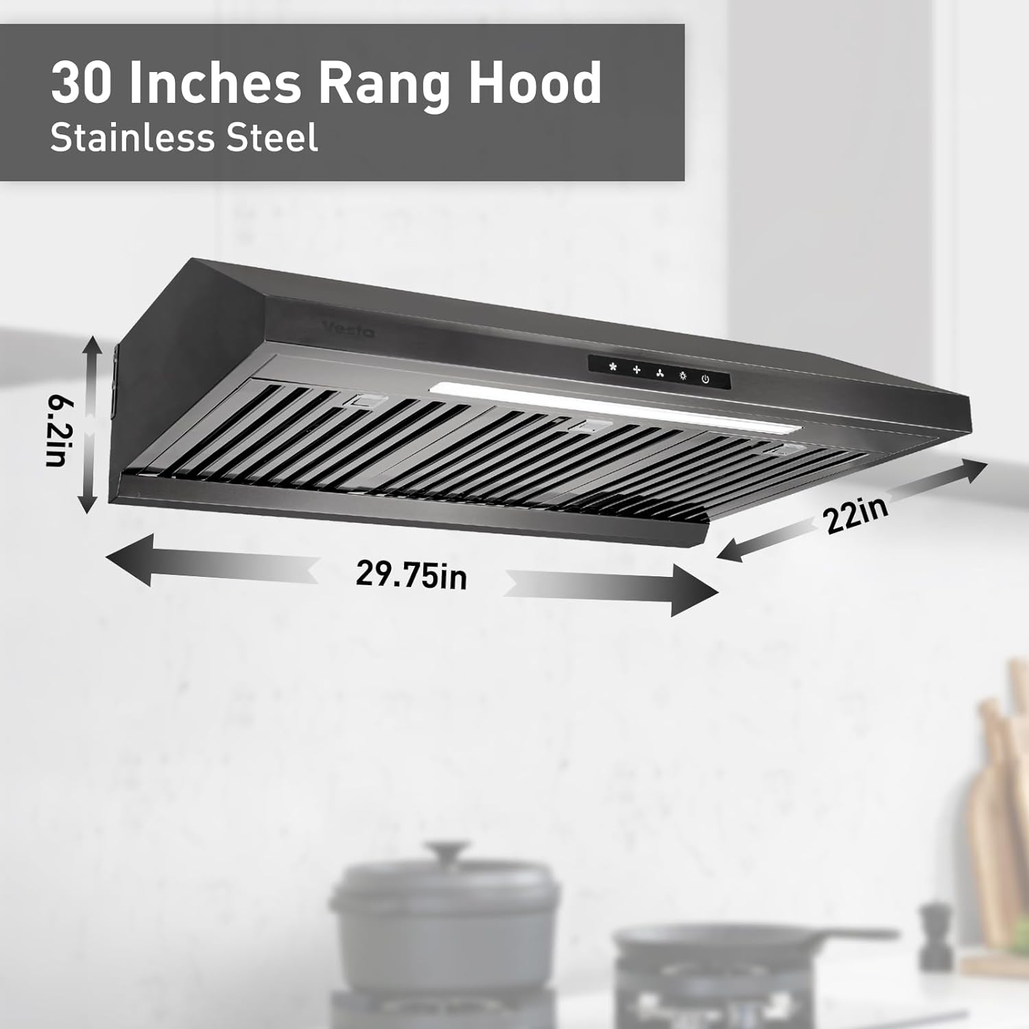 Powerful 30 Inch Under Cabinet Range Hood With Seamless Stainless Steel Body, Twin Turbo Motors, 3 Speed Touch Screen, Round Vent, Baffle Filters, LED Lights, Oil Collector
