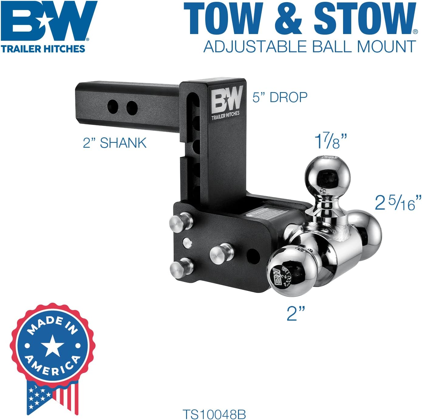 B&W Trailer Hitch Tow & Stow Adjustable Tri-Ball Mount, Zinc, 2′′ Receiver, 5′′ Drop, 10,000 lbs GTW, Model TS10048B