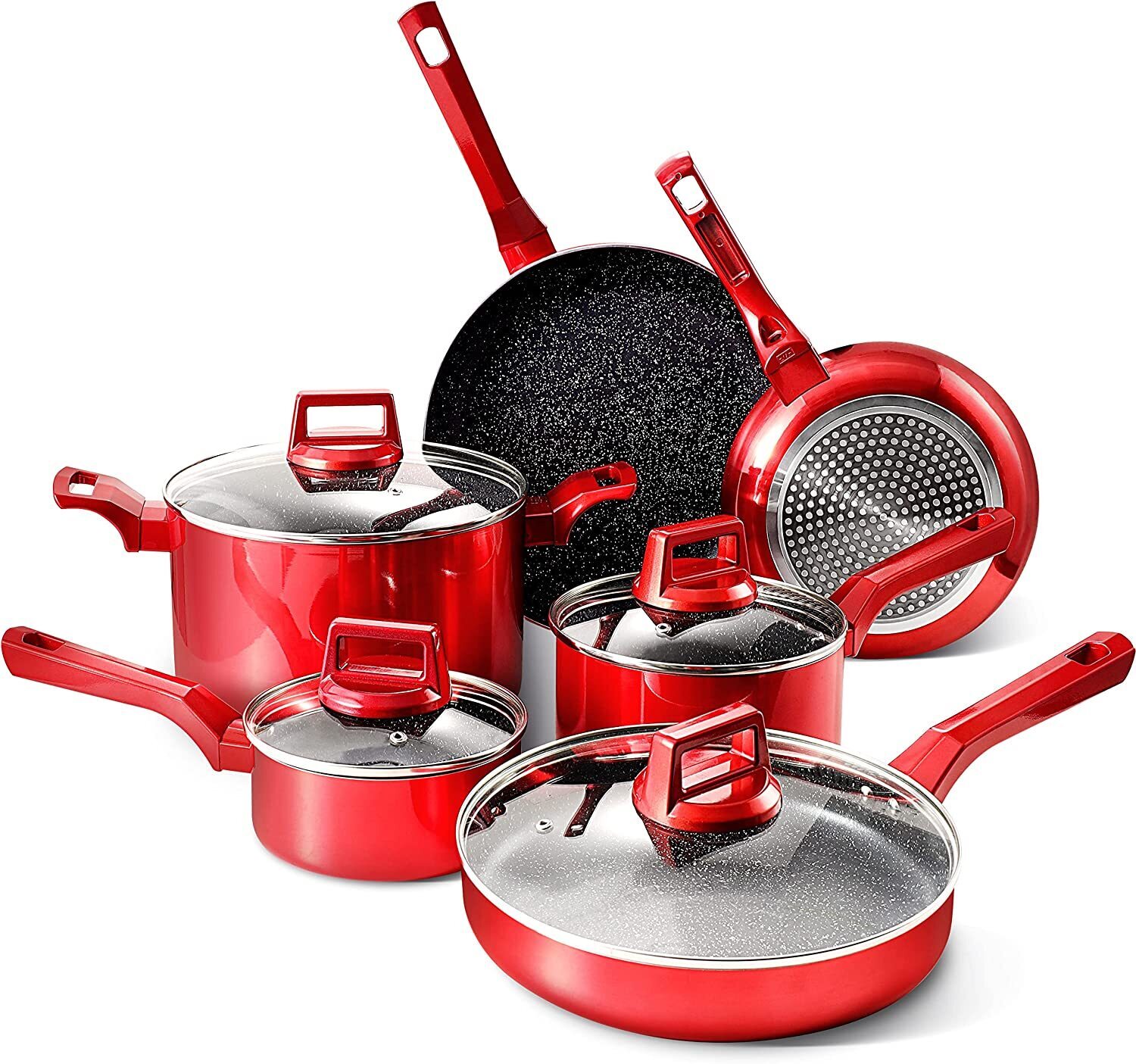 Red Nonstick Cookware Set – 10 Pcs by [Brand Name], Induction Compatible, Chemical-Free, Includes Frying Pans, Saucepans, Saute Pan, Stock Pot