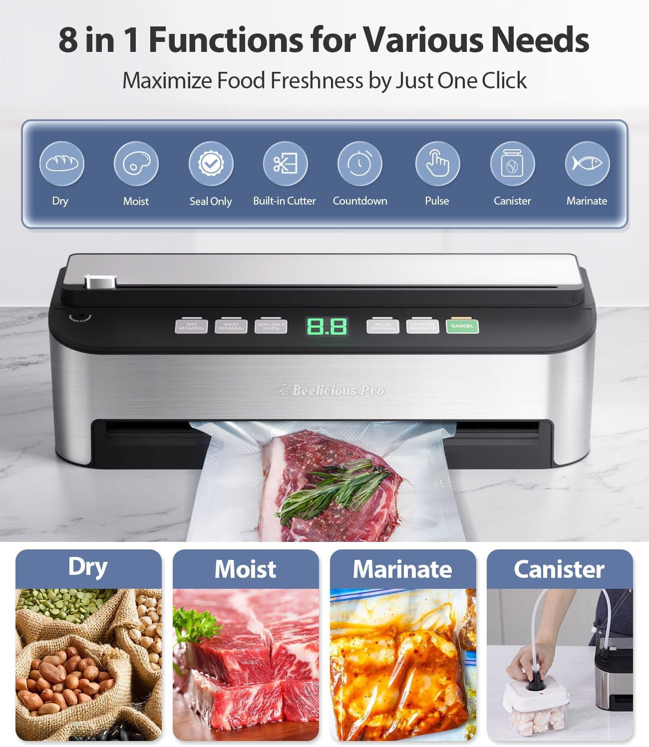 Vacuum Sealer Machine, Beelicious® 85KPA Fully Automatic 8-IN-1 Food Sealer with Bags Storage, Build-in Cutter, Moist&Dry Mode and Air Suction Hose | Digital Countdown | Sous Vide