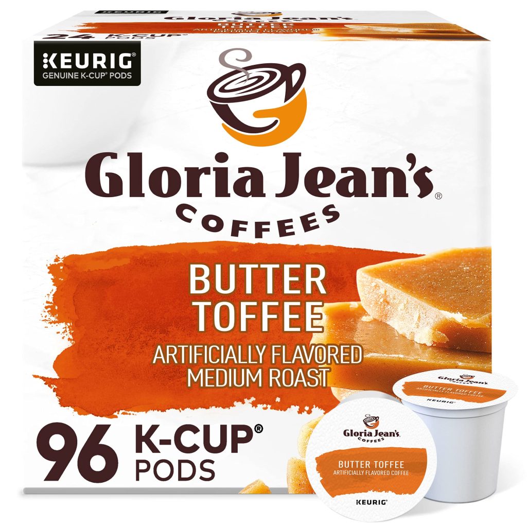 Gloria Jean’s Butter Toffee Medium Roast Coffee K-Cup Pods, 96 Count, Arabica, Recyclable