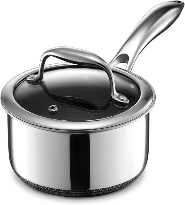 1 Quart Hybrid Stainless Steel Pot with Glass Lid, Stay Cool Handle, Non-Stick, Dishwasher, Oven Safe, Works on Induction, Ceramic and Gas Cooktops