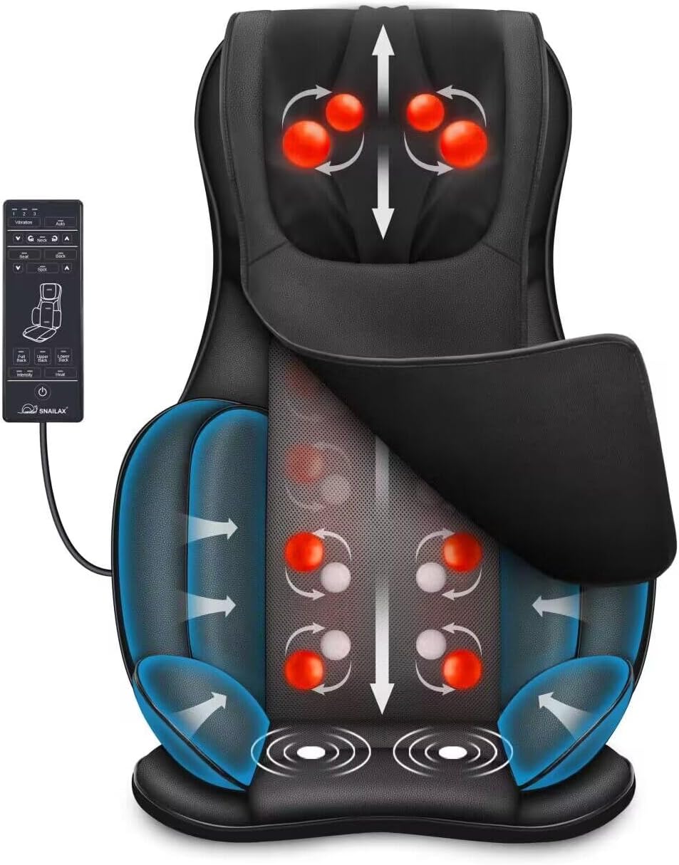 Snailax Full Body Neck & Back Massager with Heat & Compression, Shiatsu Kneading, Portable Massage Chair Pad, Black