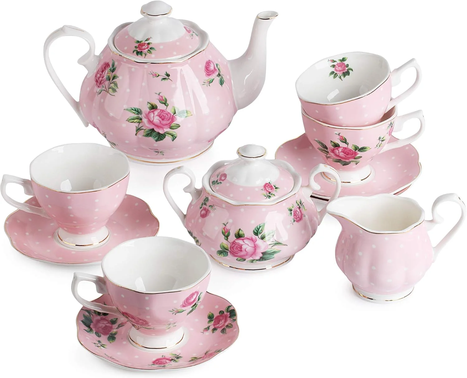BTaT- Floral Tea Set, Tea cups (8oz), Tea Pot (38oz), Creamer and Sugar Set, Gift box, China Tea Set, Tea Sets for Women, Tea Cups and Saucer Set, Tea Set for Adults, Christmas Gifts