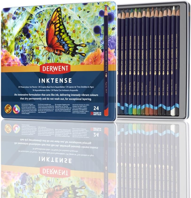Derwent Inktense Watercolor Pencils Set – 100 Multicolor Permanent, 4mm Core, Professional Quality in Tin