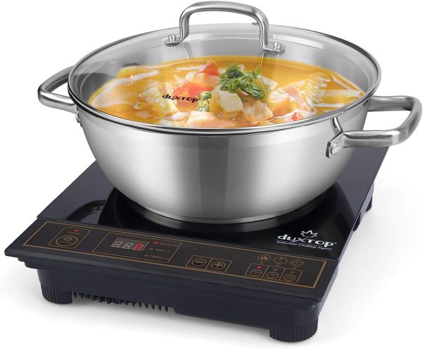 1800W Portable Induction Cooktop, Countertop Burner Included 5.7 Quarts Professional Stainless Steel Cooking Pot with Lid, Heavy Impact-bonded Bottom