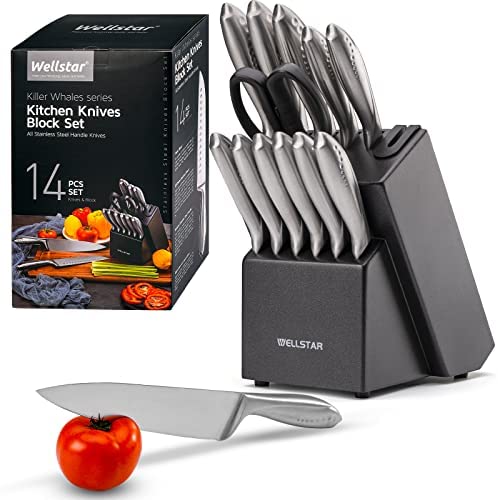 WELLSTAR 14-Piece Rainbow Knife Set, German Stainless Steel with Wood Block & Built-in Sharpener, Colorful Titanium Coating, Includes Chef’s Knife & Scissors