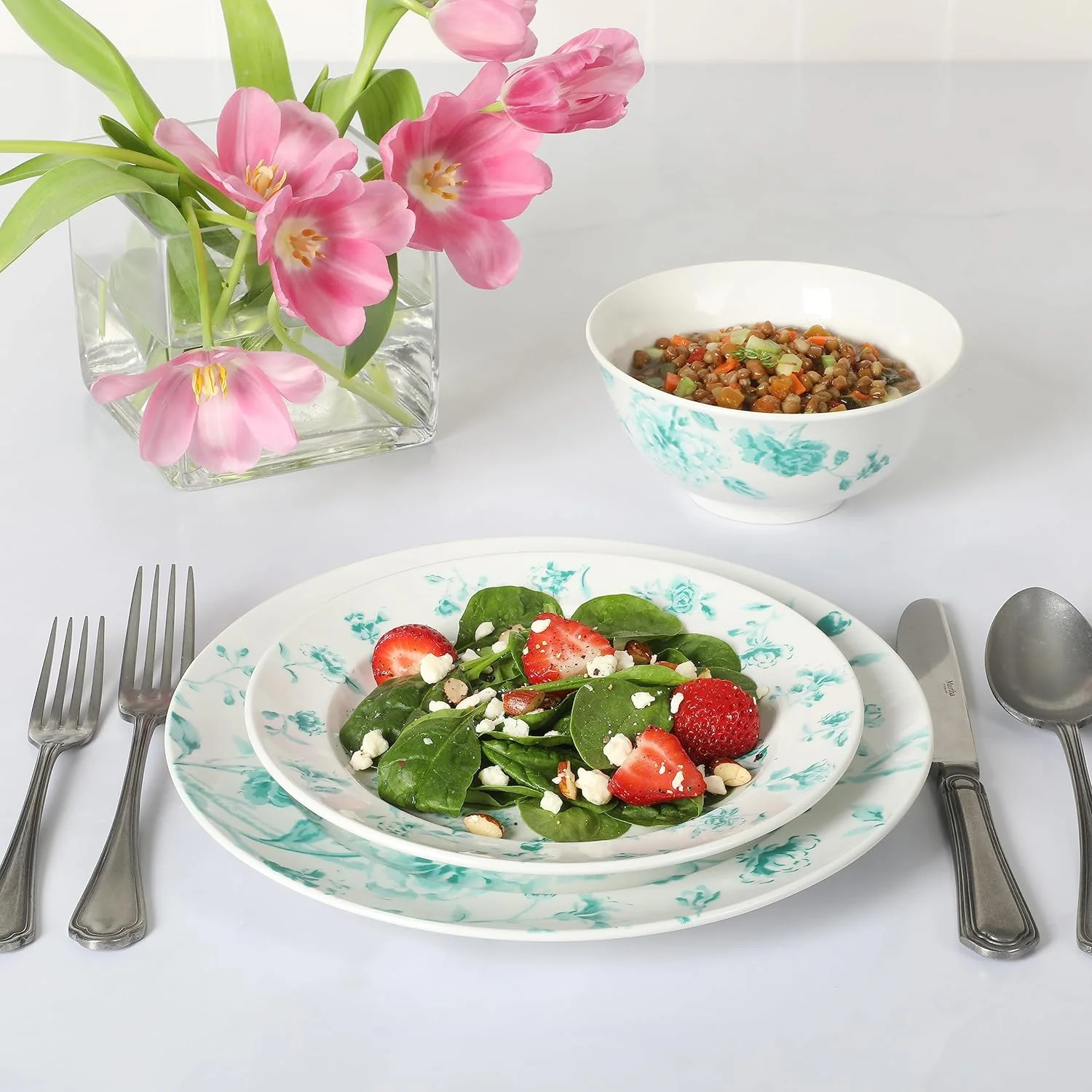 Martha Stewart Empress Bouquet Decorated Porcelain Dinnerware Plates and Bowls Set - Teal Floral, Service for 4 (12pcs)