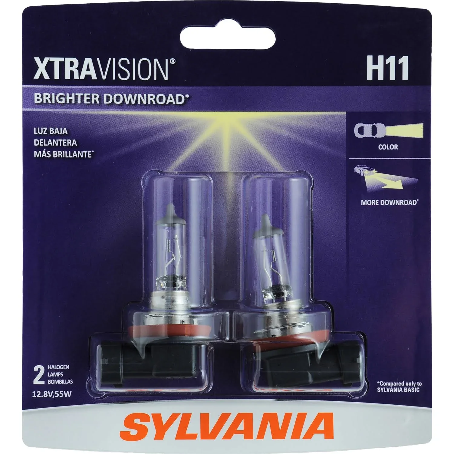Sylvania H11 XtraVision Halogen Headlight Bulb, Clear - 2 pack