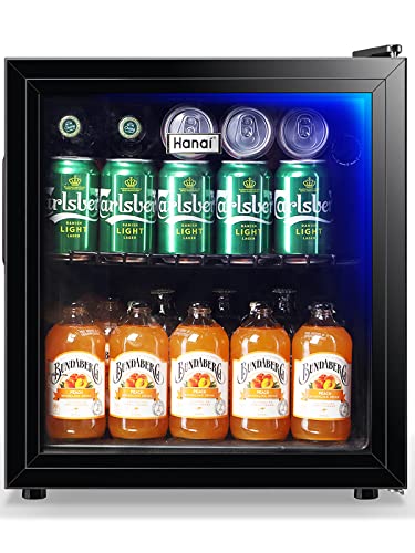WANAI Beverage Cooler Refrigerator, Energy-Efficient, Black Stainless Steel, Blue LED, Adjustable Temp, for Home & Bar