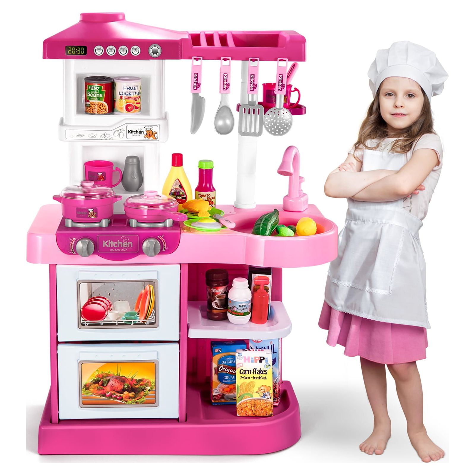 Temi Kitchen Playset Pretend Food - 53 PCS Kitchen Toys for Toddlers, Toy Accessories Set w/ Real Sounds and Light, Suitable Height (Pink)