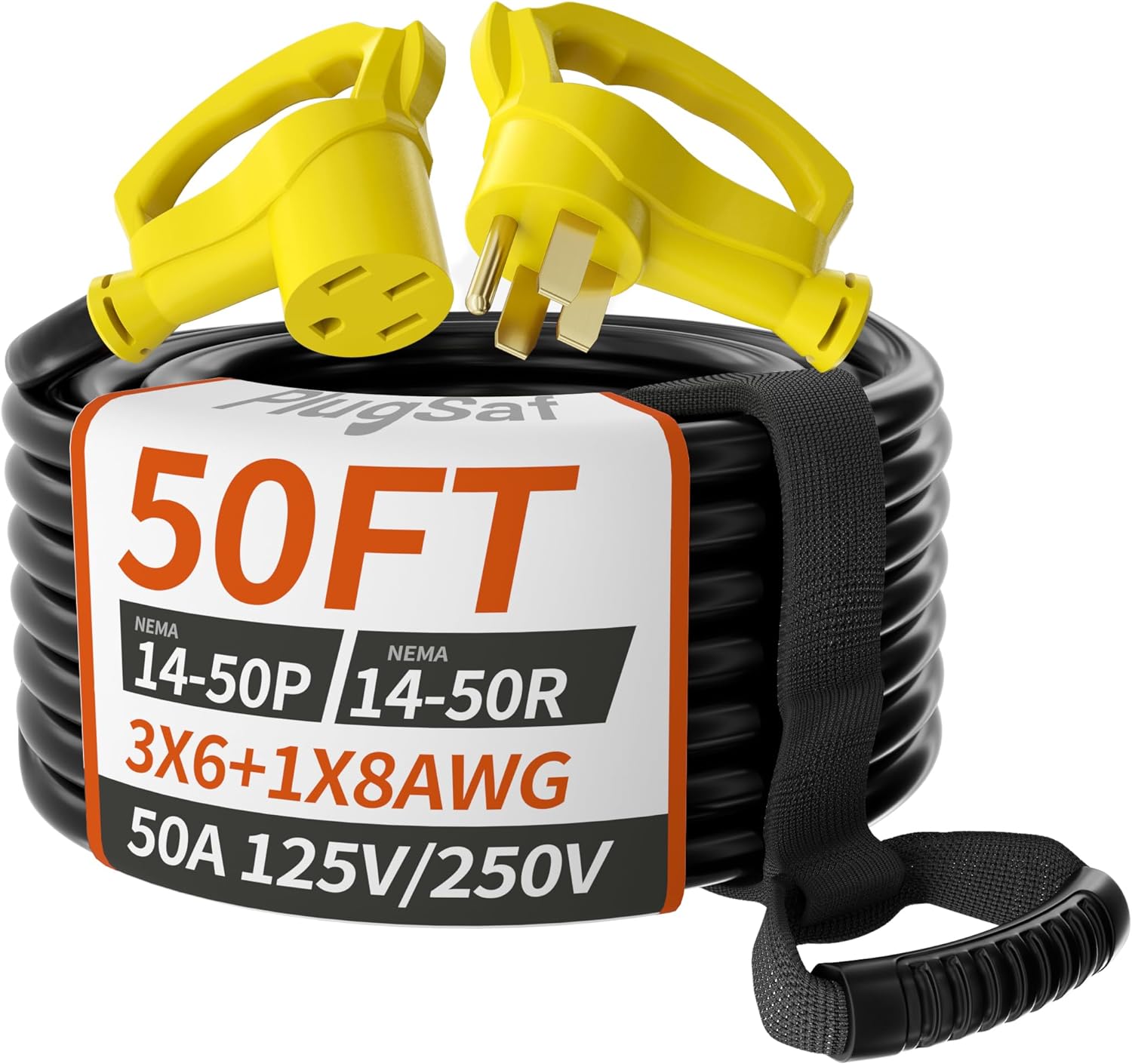Extension Cord Outdoor with Grip Handle, 4 Prong Flexible Heavy Duty 6/3+8/1 Gauge STW RV Power Cord Waterproof, NEMA 14-50P to 14-50R, Black-Yellow, ETL Listed