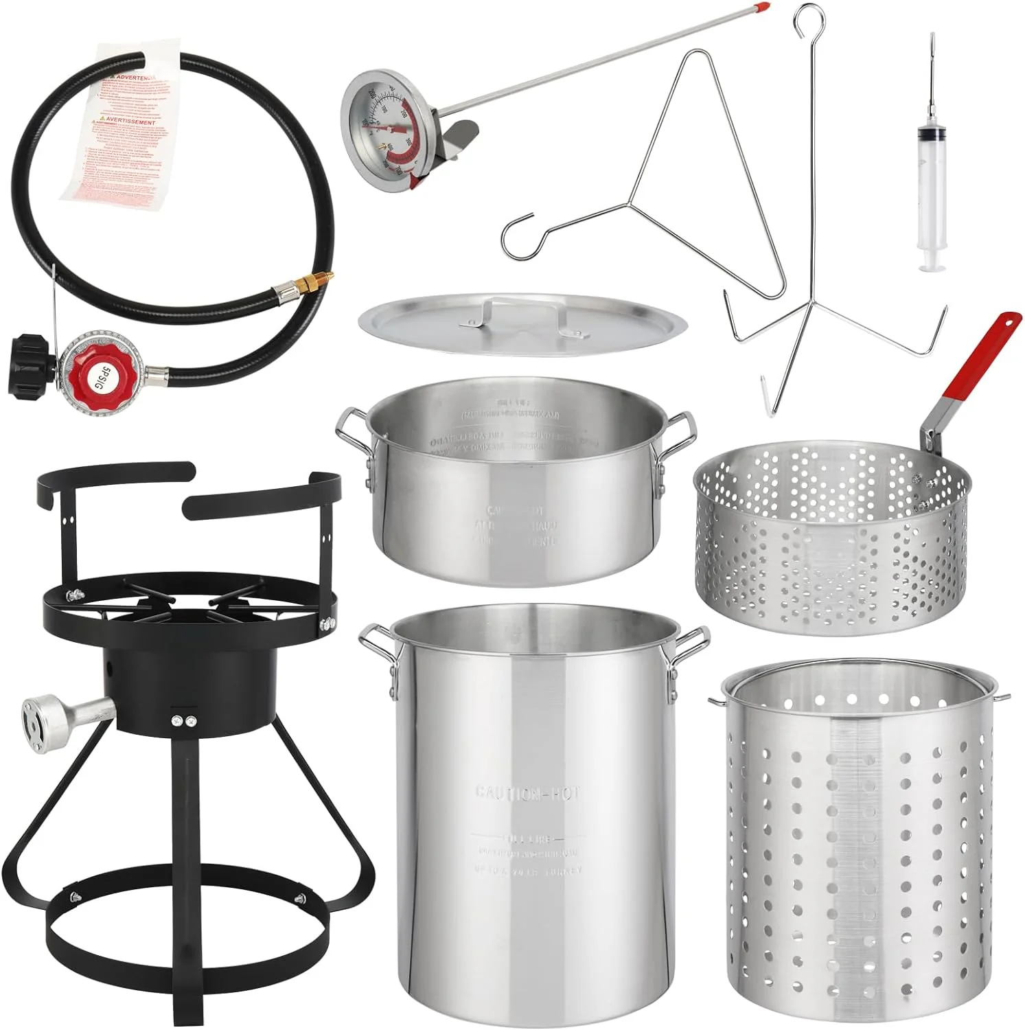 30QT Turkey Deep Fryer & 10QT Fish Fryer Kit w/Baskets & Stand, Aluminum Fryer Pot w/ 55000BTU Propane Burner, Thermometer, Marinade Injector, Turkey Rack & Rack Lifter, for Outdoor Cooking