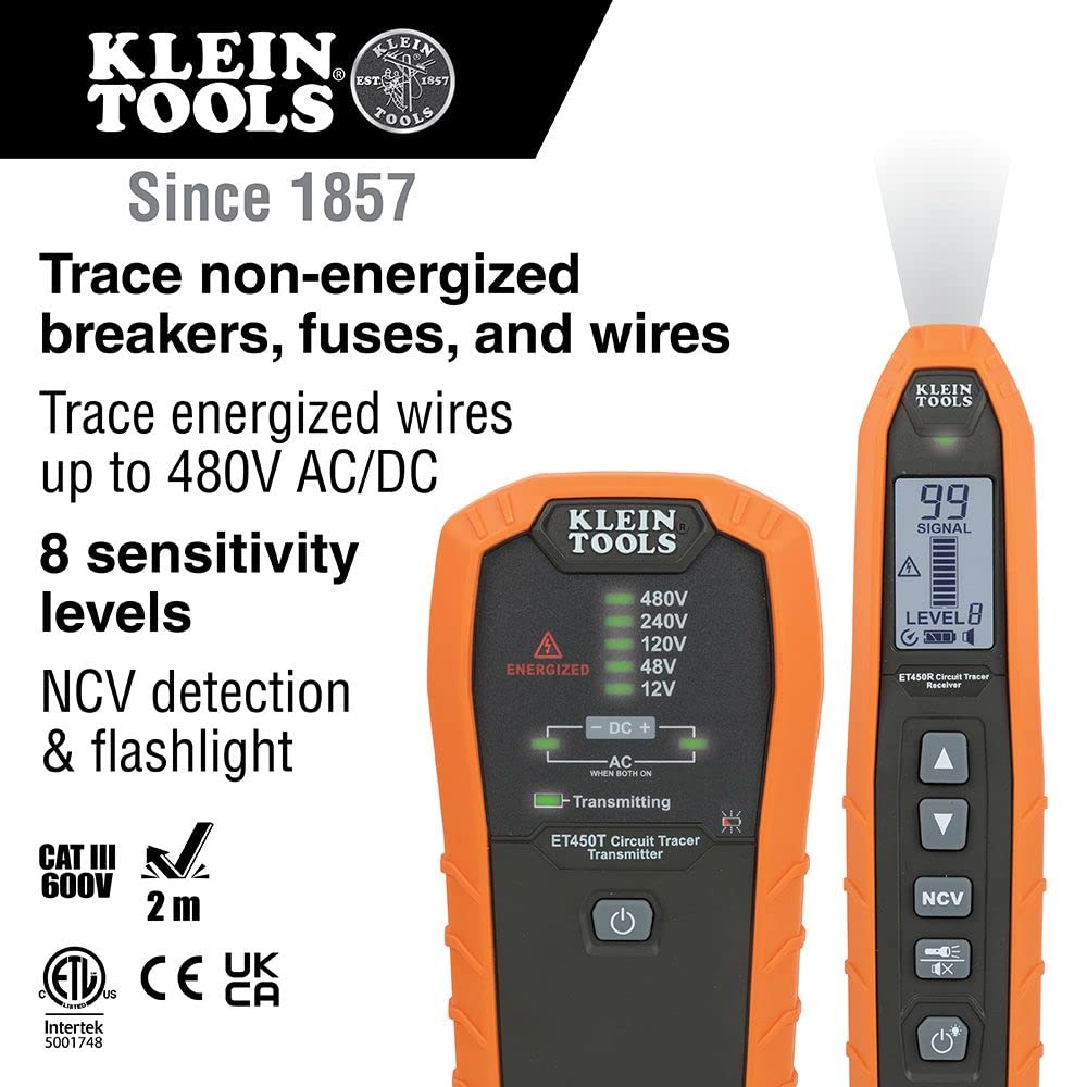 Klein Tools ET450 Circuit Breaker Finder & Wire Tracer Kit, Battery Powered, Multi-Color, Professional-Grade for Energized & Non-Energized Use