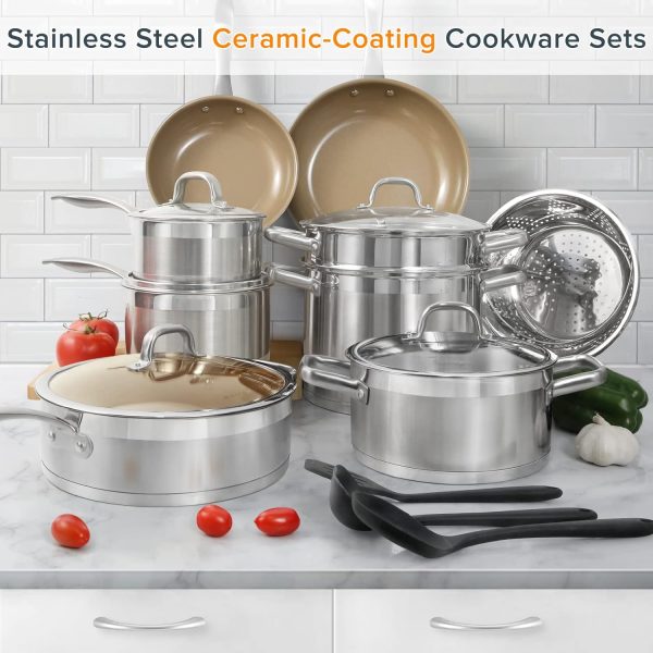17PC Professional Stainless Steel Induction Cookware Set, Stainless Steel Ceramic Nonstick Pan Set, Impact-bonded Technology, FUSION Titanium Reinforced Ceramic Coating, Brown