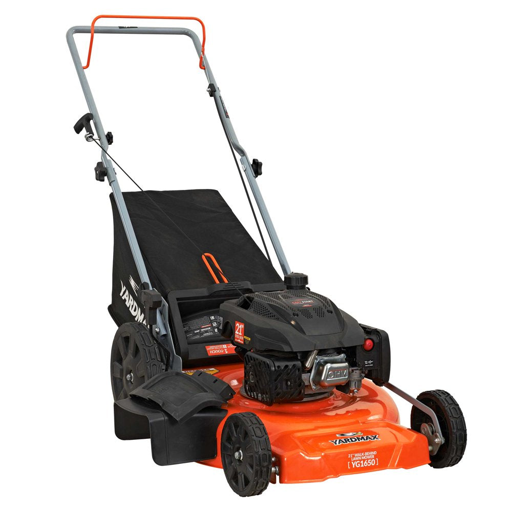 YARDMAX 21′′ 170cc Gas Push Lawn Mower, 3-in-1, High Rear Wheels, Adjustable Height