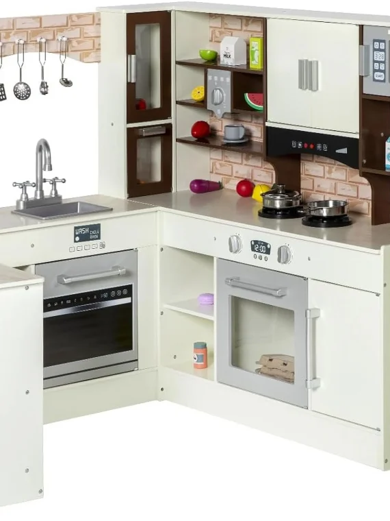 BRINJOY 3-Piece Kids Kitchen Playset, Walk-in Wooden Play Kitchen Set for Toddlers, Modular Pretend Play Kitchen w/Light&Sound, Large Corner Kitchen Cooking Toy w/Coffee Capsule, Gift for Girls Boys