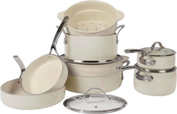 12 Piece Aluminum Pots and Pans Cookware Set w/Non-toxic Ceramic Non-stick, Ceramic Steamer Insert, 12 Protective Care Bags Oat White
