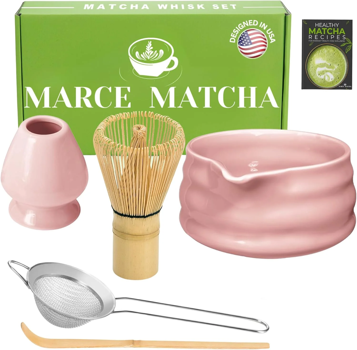Marce Matcha Whisk Set- Matcha Set includes Matcha Whisk and Bowl (Matcha Bowl with Spout), Matcha Sifter, Matcha Whisk Holder and Matcha Scoop- The Perfect Bamboo Whisk for Matcha Tea (Pink)