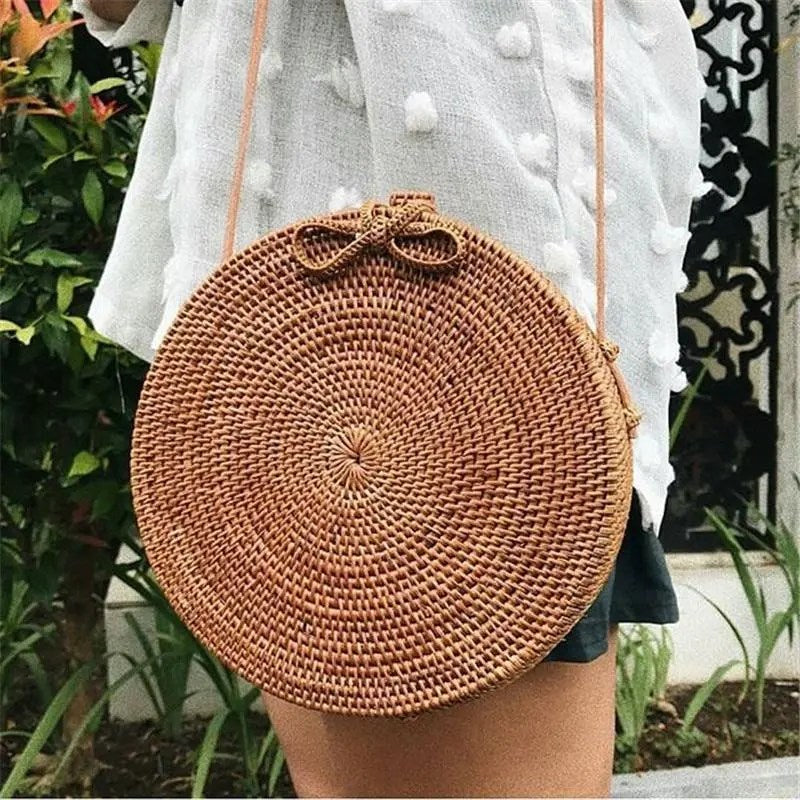 RattanpackTM Boho Round Woven Straw Bag – Handcrafted Rattan Crossbody Purse with Leather Strap