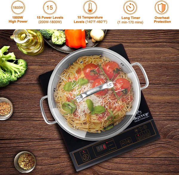 1800W Portable Induction Cooktop, Countertop Burner Included 5.7 Quarts Professional Stainless Steel Cooking Pot with Lid, Heavy Impact-bonded Bottom