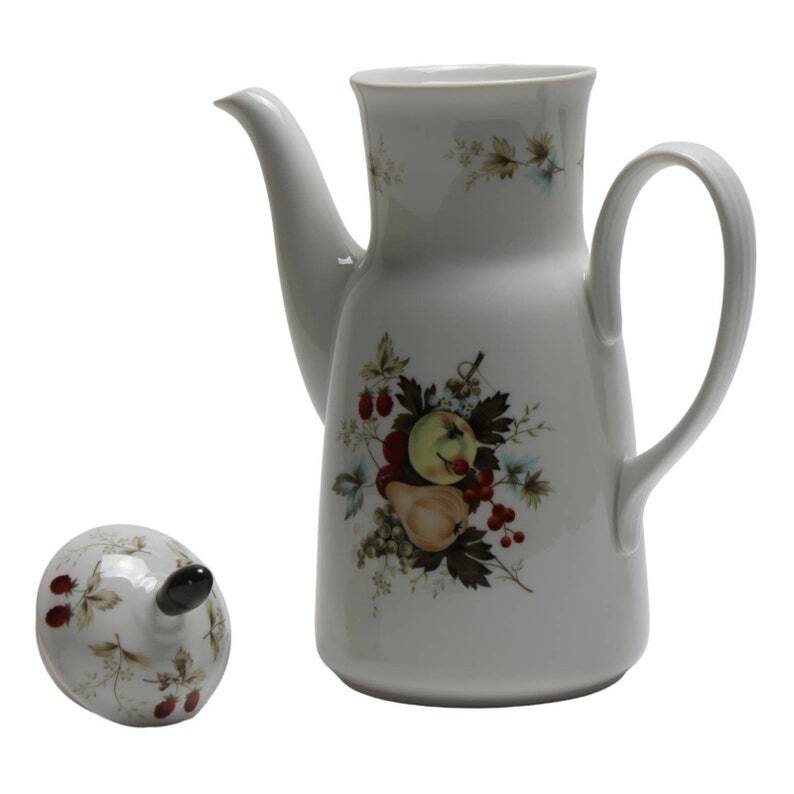 Vintage Fruit on Rim Blue Flowers China Set – 20pc Dinnerware Collection with Rare Green Knob Casserole & Teapot