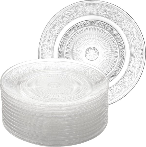 20 Pack Glass Salad Plates, 7 Inches Glass Dessert Plates Fruit Plates Appetizer Plates Snack Plates Glass Dinnerware Set with Beautiful Carved Pattern