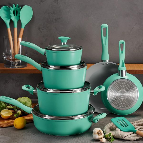 14-Piece Ceramic Cookware Set   Teal   Nonstick, Induction-Ready, Oven Safe, Dishwasher Safe, Includes Fry Pans, Sauté Pan, Sauce Pans, Dutch Oven, and Wooden Utensils, 80110/036DS