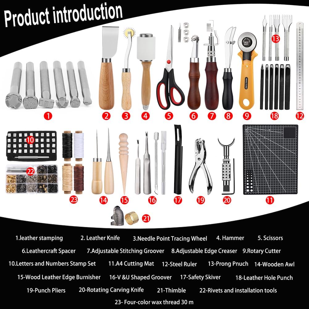Professional Leather Crafting Kit by [Brand Name] – Steel Tools with Custom Handbag, Engraving, Punching, Sewing, Stamping & Sanding Tools