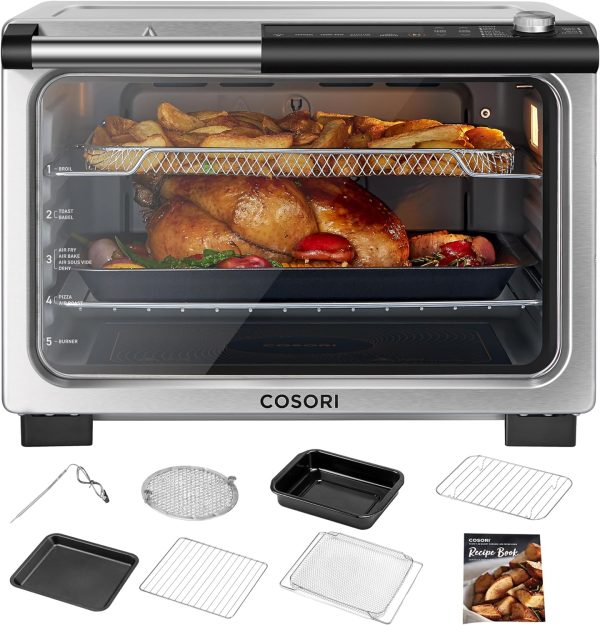 13-in-1 26-Quart Ceramic Air Fryer Toaster Oven Combo, Mother s Day Gift, Flat-Sealed Heating Elements for Easy Cleanup, Innovative Burner Function, 7 Accessories Recipes, CCO-R251-SUS