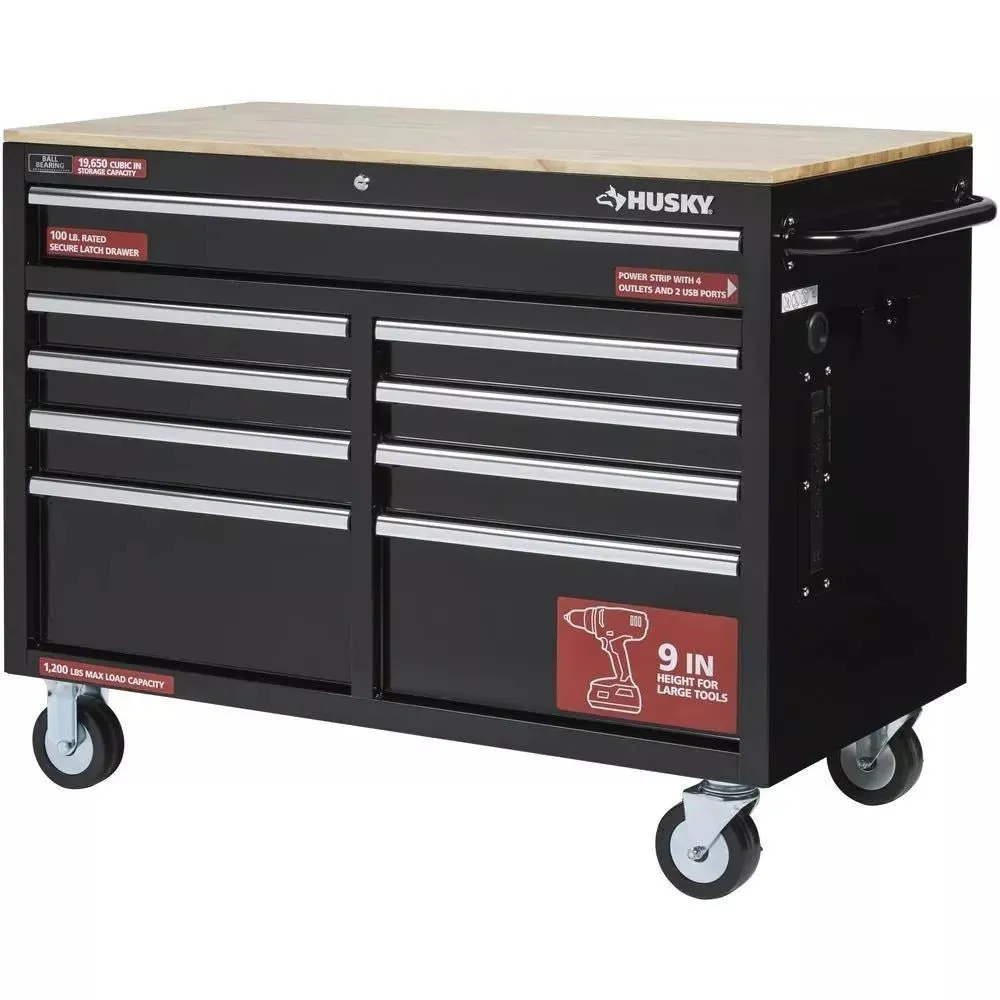 🔥46 in. W x 24 in. D 9-Drawer Gloss Black Deep Tool Chest Mobile Workbench