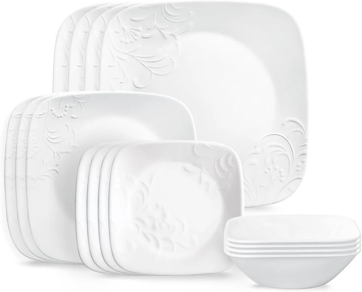 Corelle Cherish 16pc, Service for 4, Dinnerware Set, 8 Plates 8 Bowls, Chip & Break Resistant, Dinner Plates and Dinner Bowls, Corelleware Plates, White