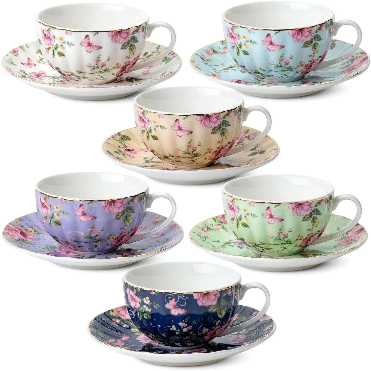 BTaT- Floral Tea Cups and Saucers, 7 oz, Tea Cups Set of 6, Porcelain Tea Cups, Cup & Saucer Sets, Tea Cup Set of 6, Tea Cup Sets for Adults, Tea Cups and Saucers Set of 6, Tea Cups and Sets