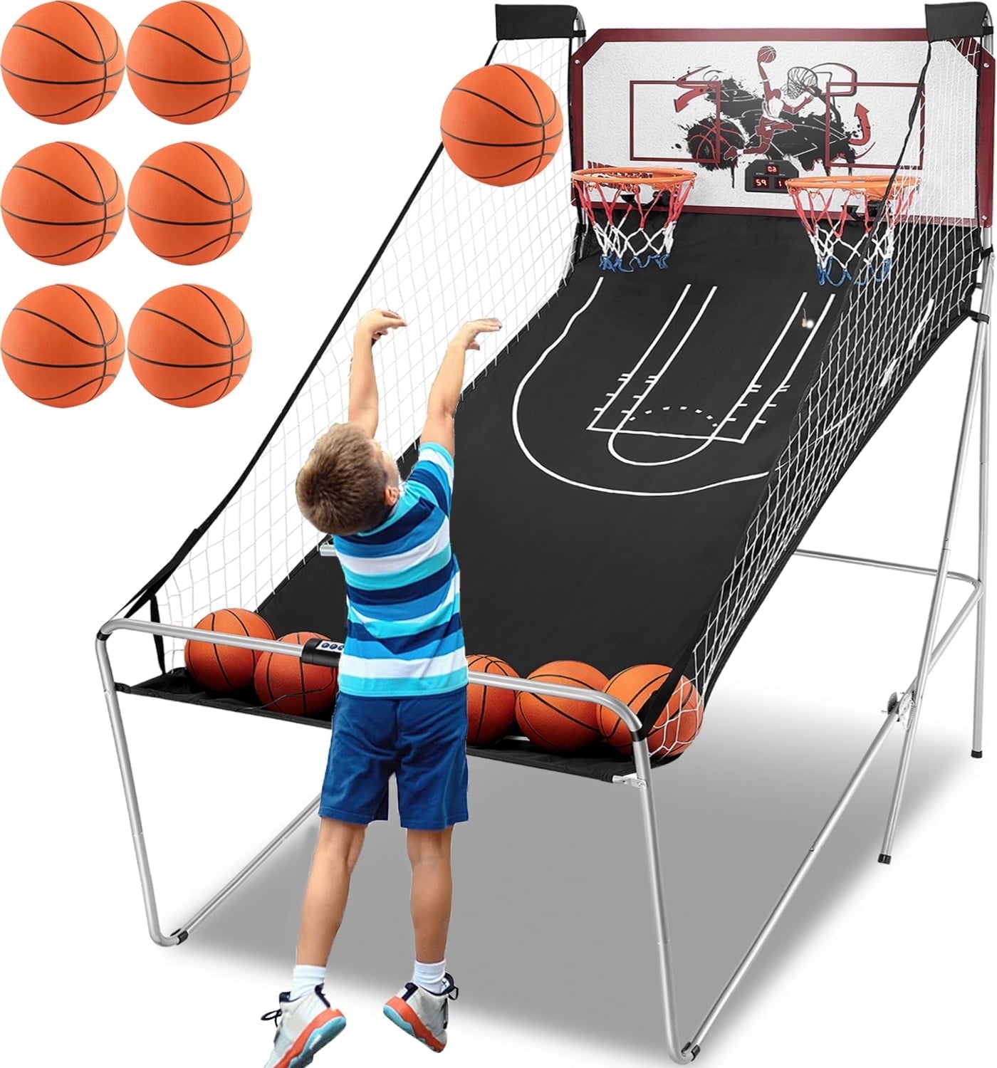 Dual Shot Basketball Arcade Game, Segmart Foldable Indoor Electronic Arcade Basketball Game with 6 Balls, 8 Modes, LED Scoreboard, Air Pump, Battery Powered for Kids Adults, Black