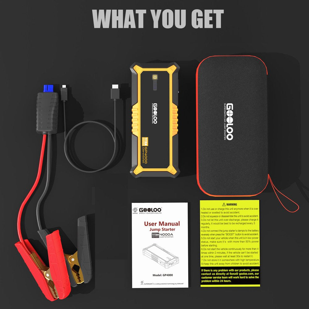 GOOLOO Car Jump Starter, 4000A Peak 12V Portable Jumper Pack for All Gas and up to 10.0L Diesel Engine