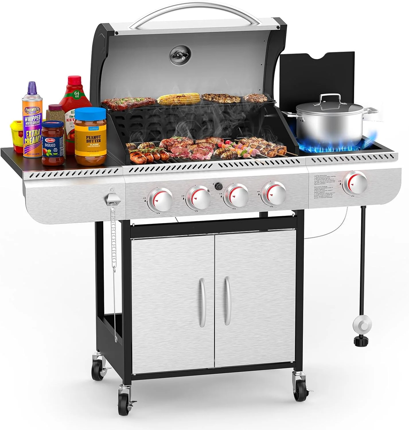 3 & 4-Burner Propane Gas Grills with Side Burners, for Outdoor Cooking, BBQ, Patio, Camping